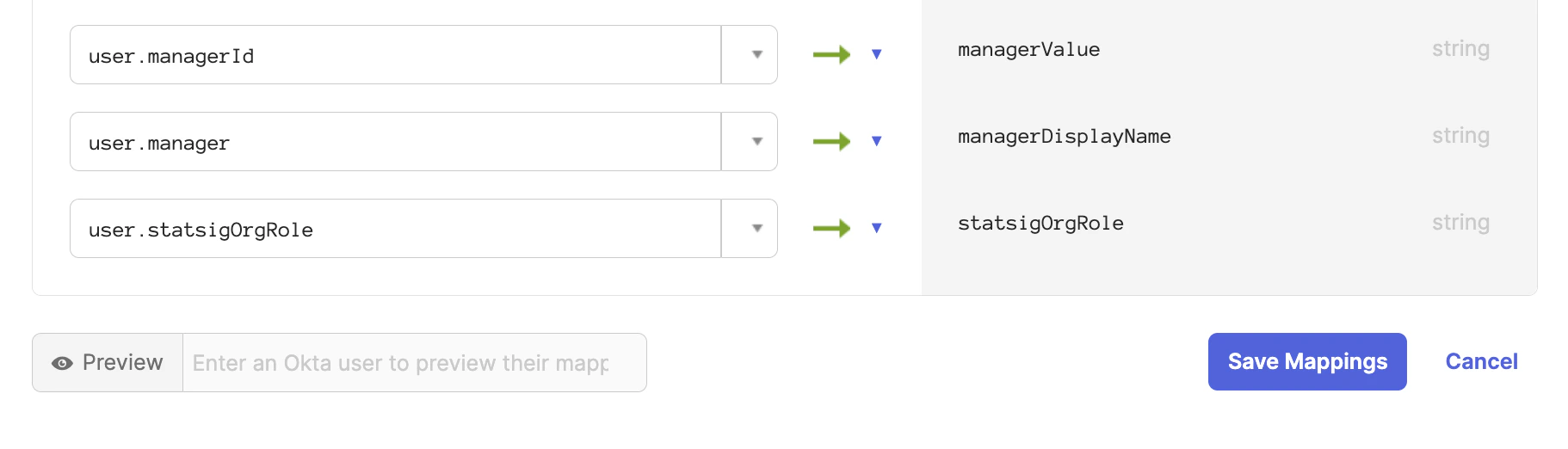 statsigOrgRole attribute mapping row pointing from user field to Okta attribute