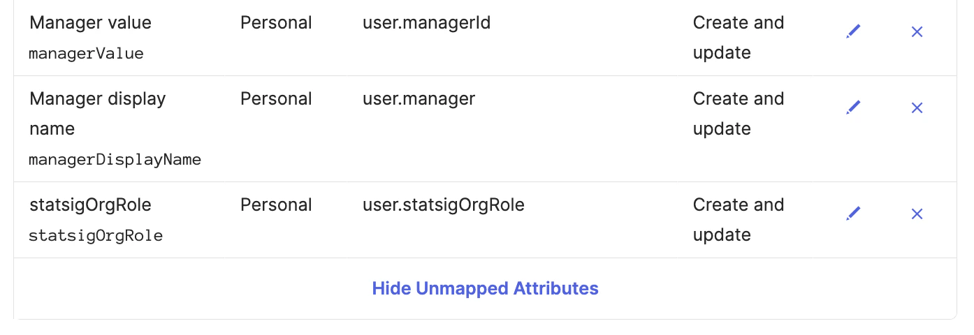 Provisioning To App tab showing statsigOrgRole attribute settings