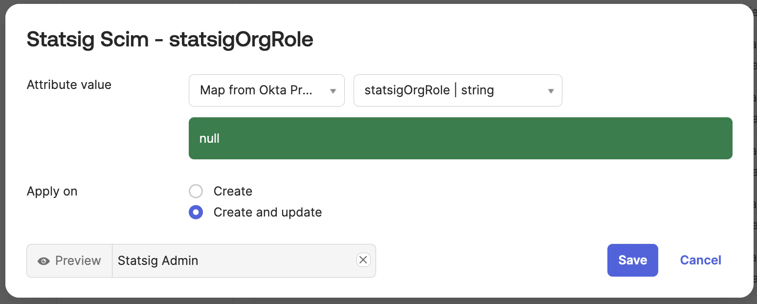 Set value dialog choosing Map from Okta Profile for statsigOrgRole