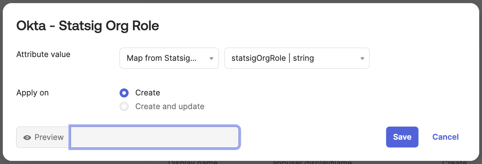 Set value dialog mapping statsigOrgRole from Statsig profile back to Okta