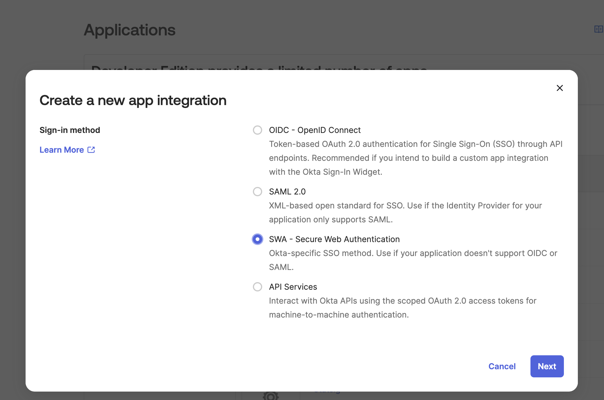 Okta Create App Integration dialog selecting Secure Web Authentication