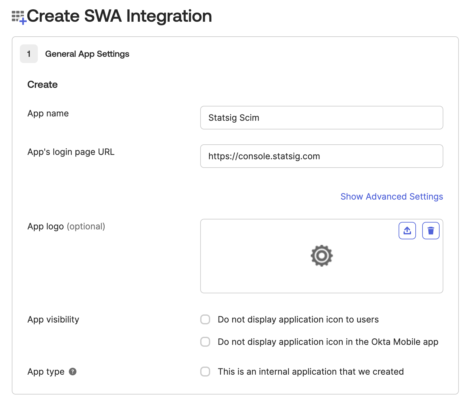 Okta app settings form with Statsig SCIM name and placeholder login URL