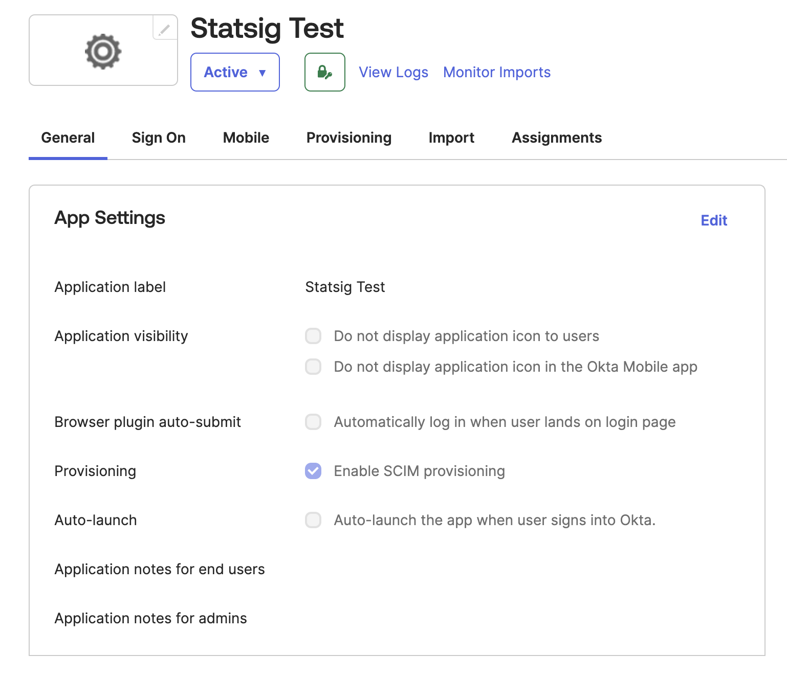 Okta application general tab highlighting provisioning section and SCIM toggle