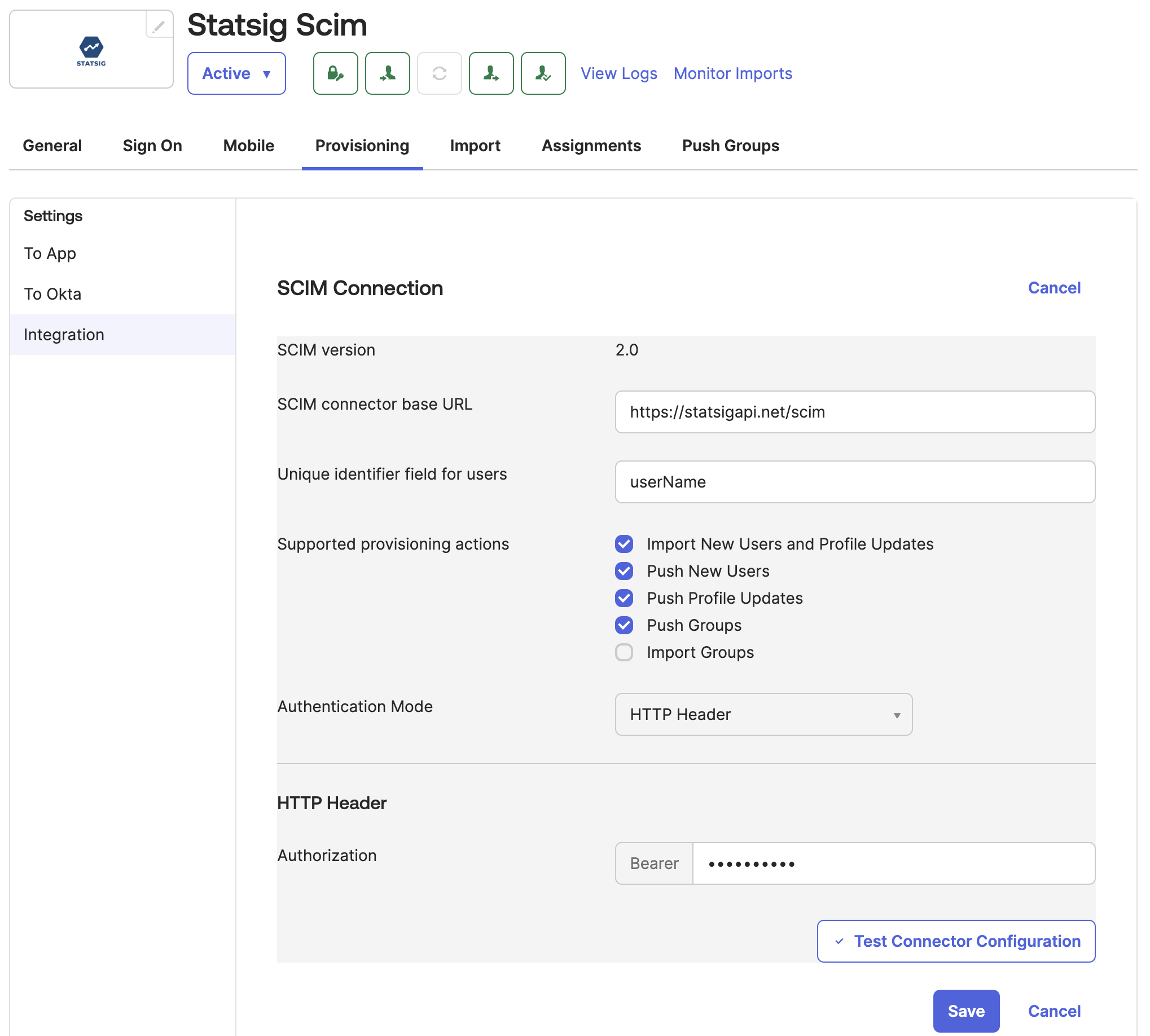 Okta provisioning tab showing SCIM base URL and push settings
