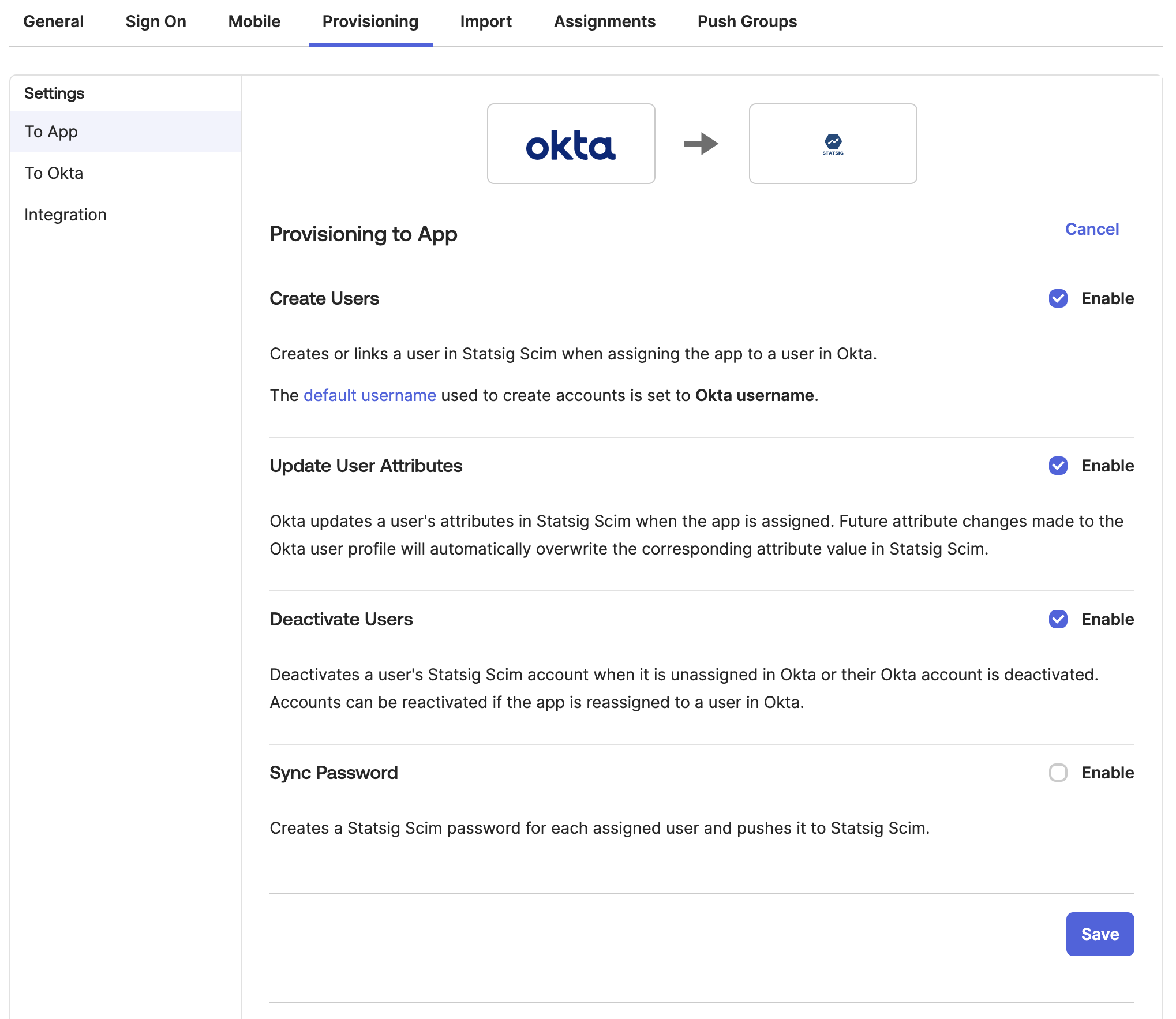 Provisioning To App settings enabling create, update, and deactivate actions