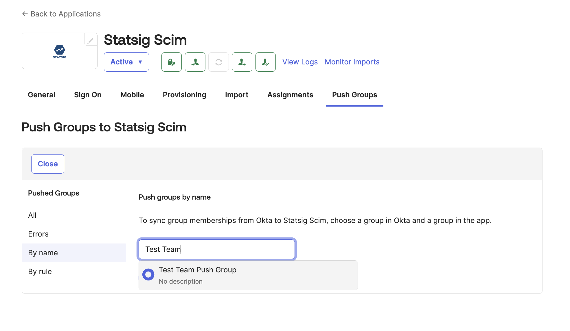Okta Push Groups dialog selecting mapping group to link with Statsig team