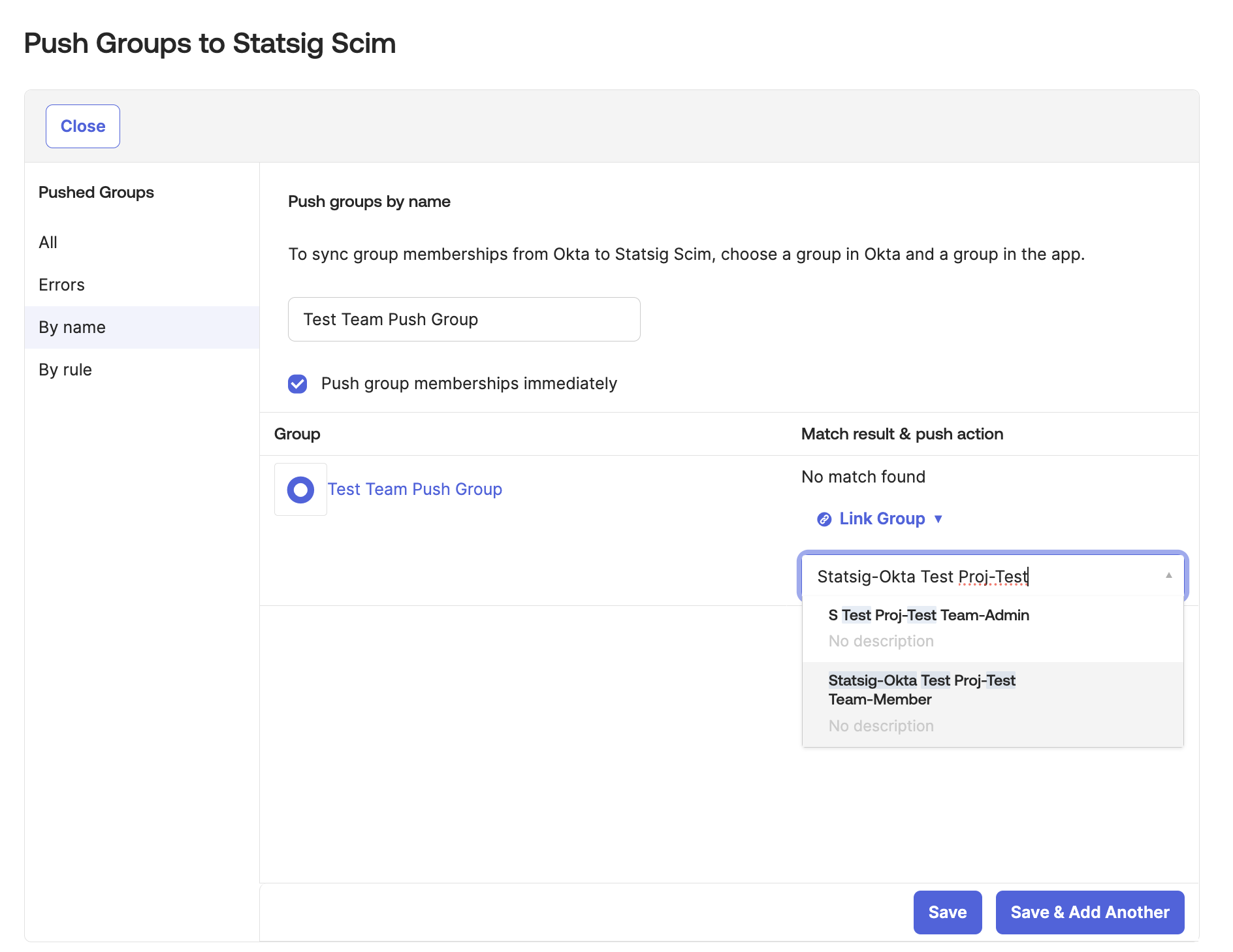 Match result settings linking Okta group to Statsig-Project-Team role name
