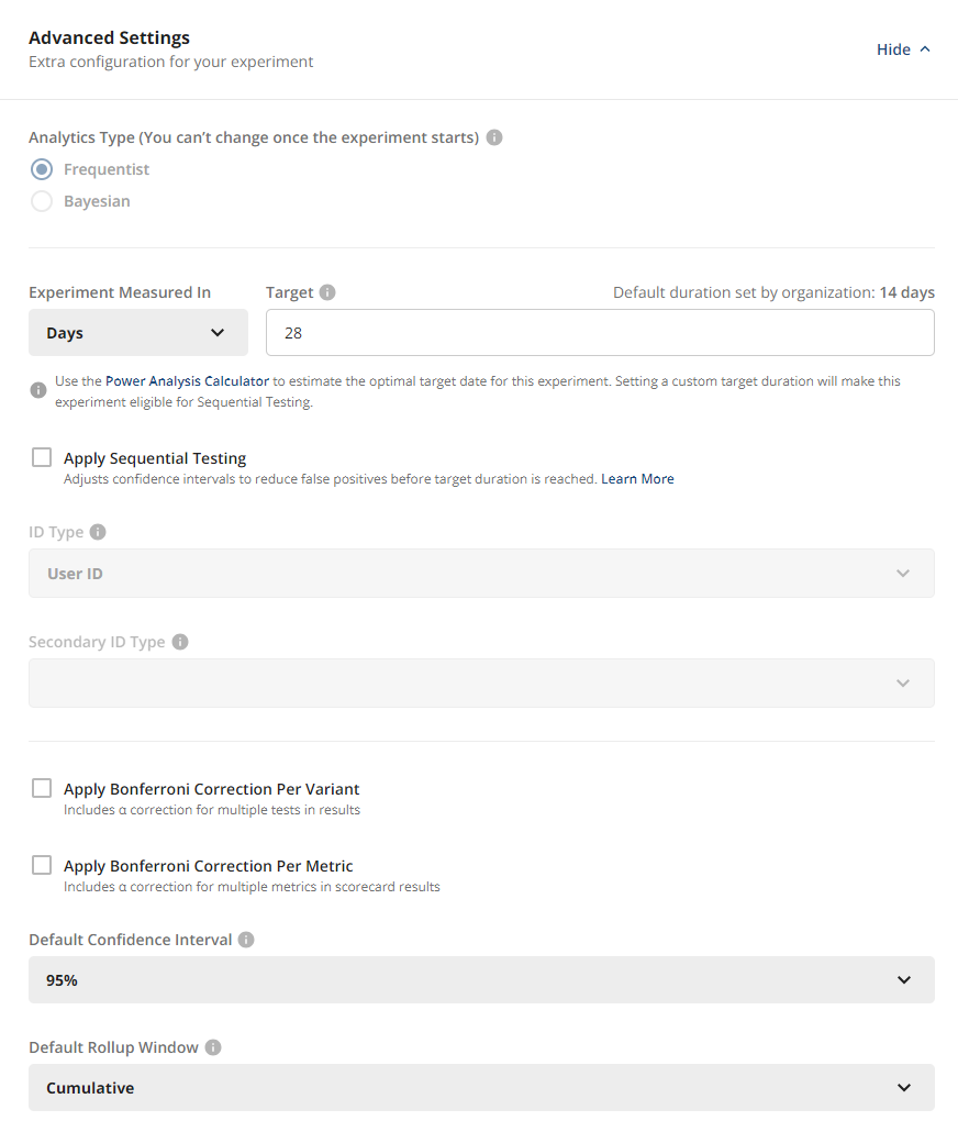 Bonferroni correction configuration interface