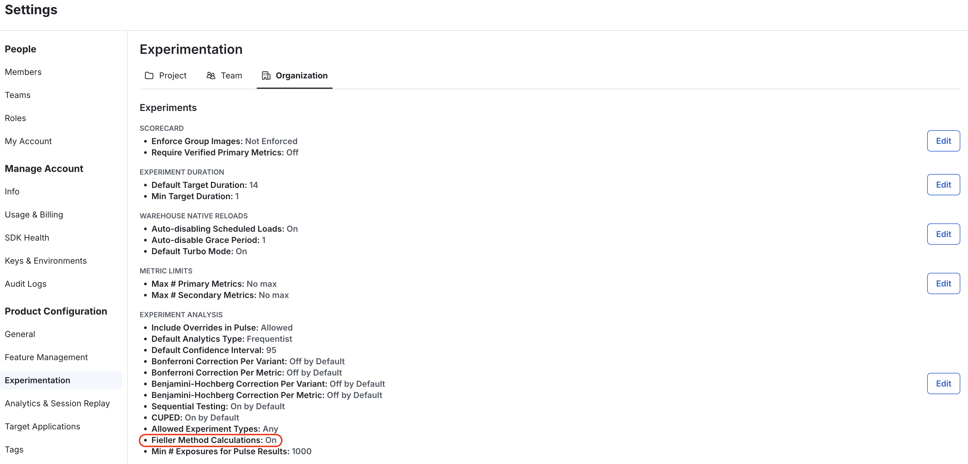Experimentation settings configuration interface