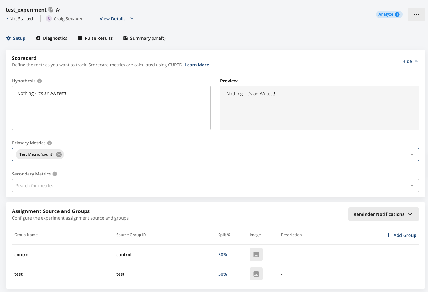 Experiment setup selecting metrics and group split