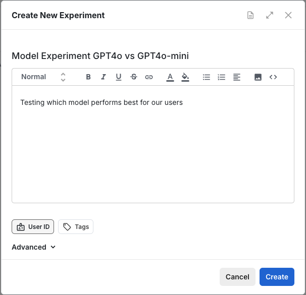 Experiment creation interface
