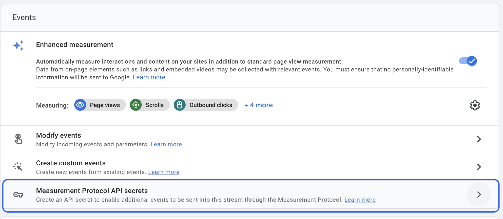 Create API secret dialog in GA4