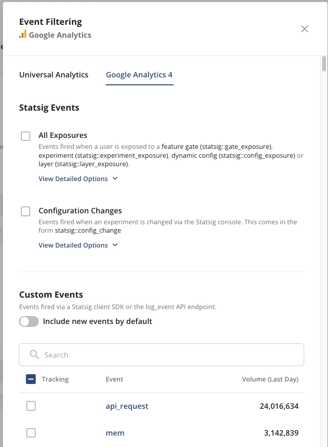 Event filtering UI specifying which Statsig events flow to GA4