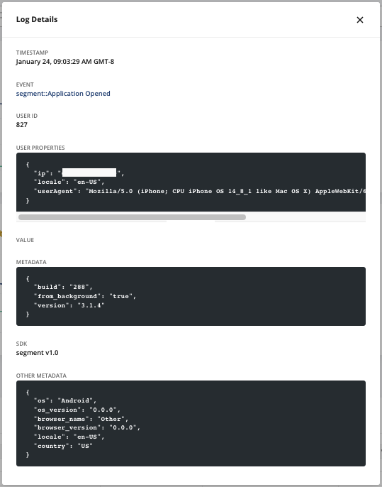 Log details panel showing Segment event payload fields and metadata