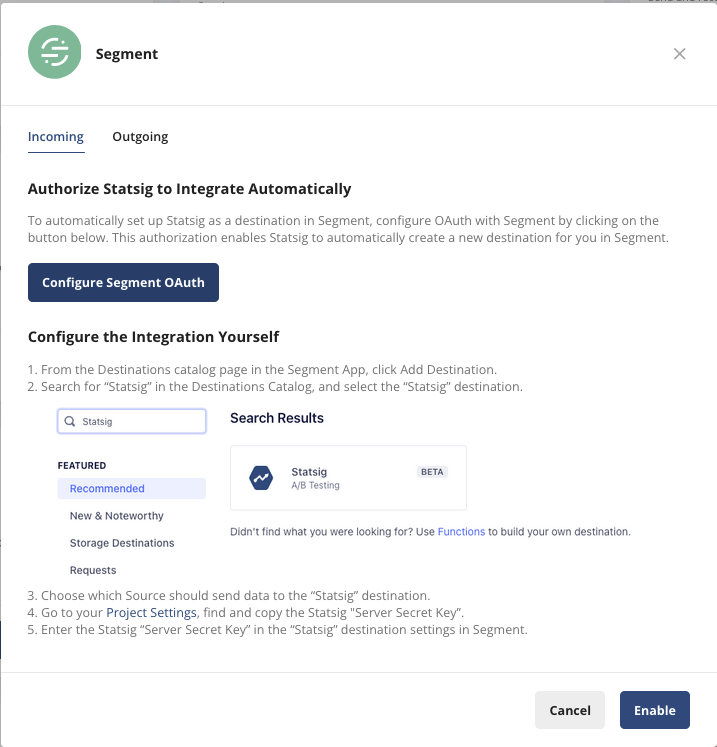 Statsig integration settings showing Segment OAuth button