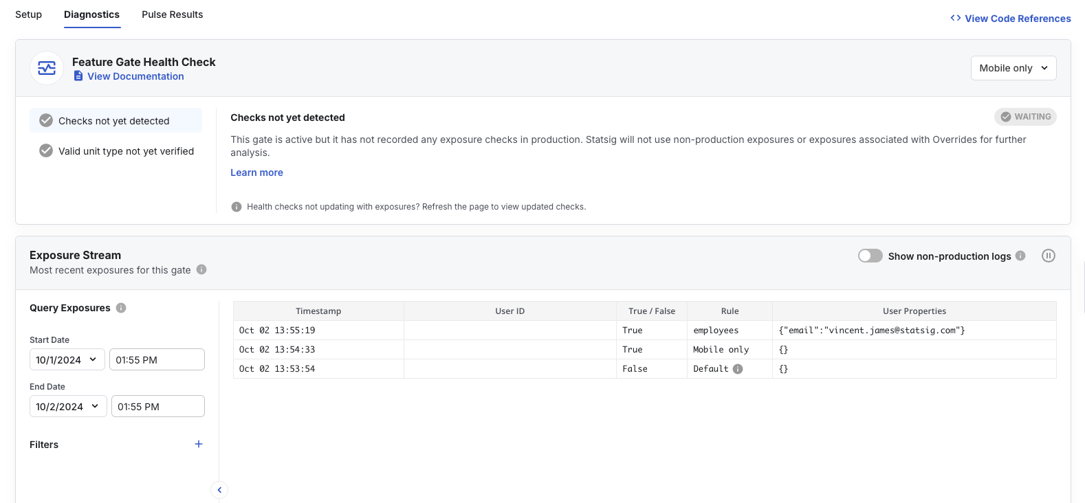 Diagnostics exposure stream showing recent checks