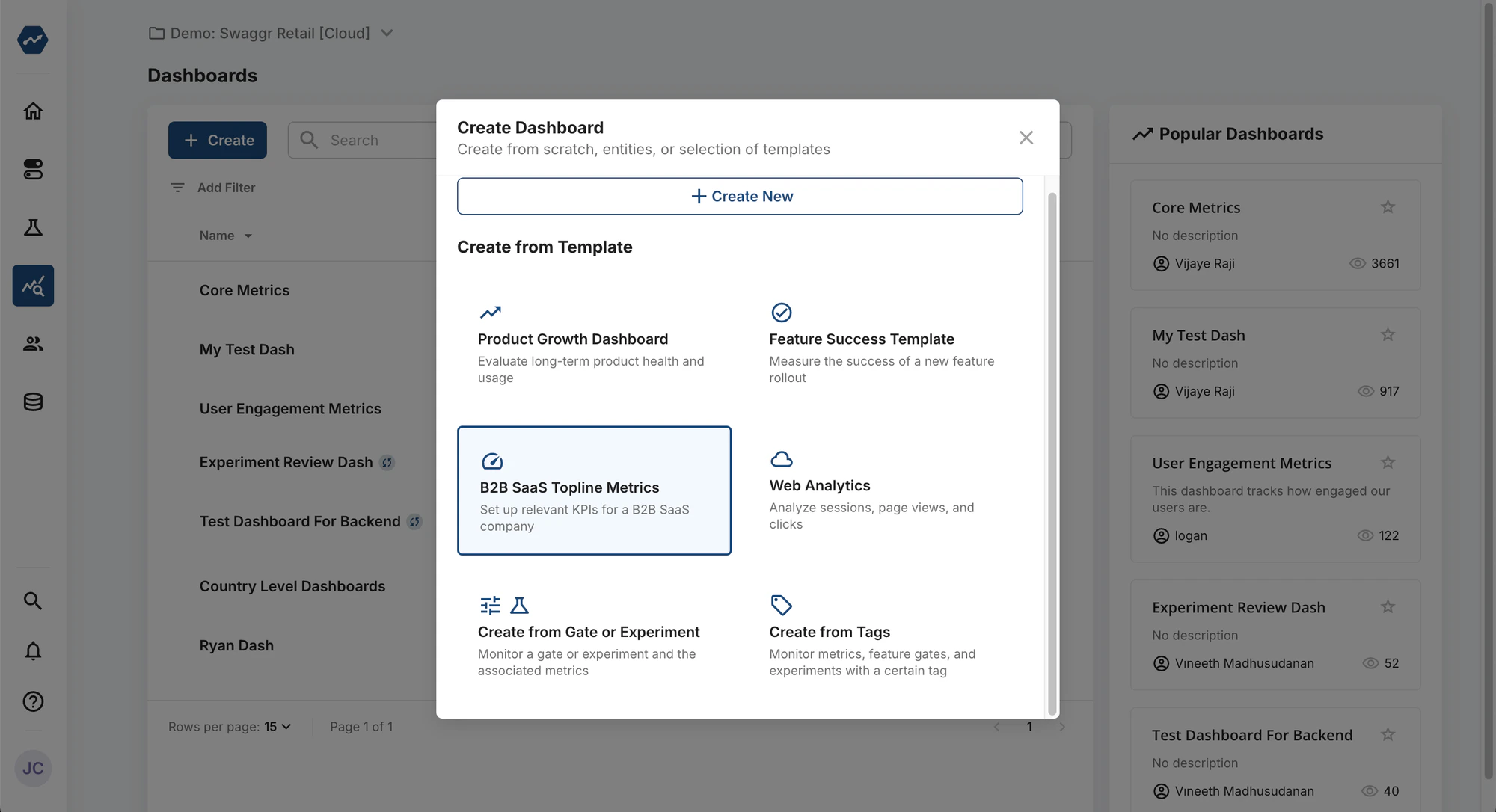 Dashboard creation interface
