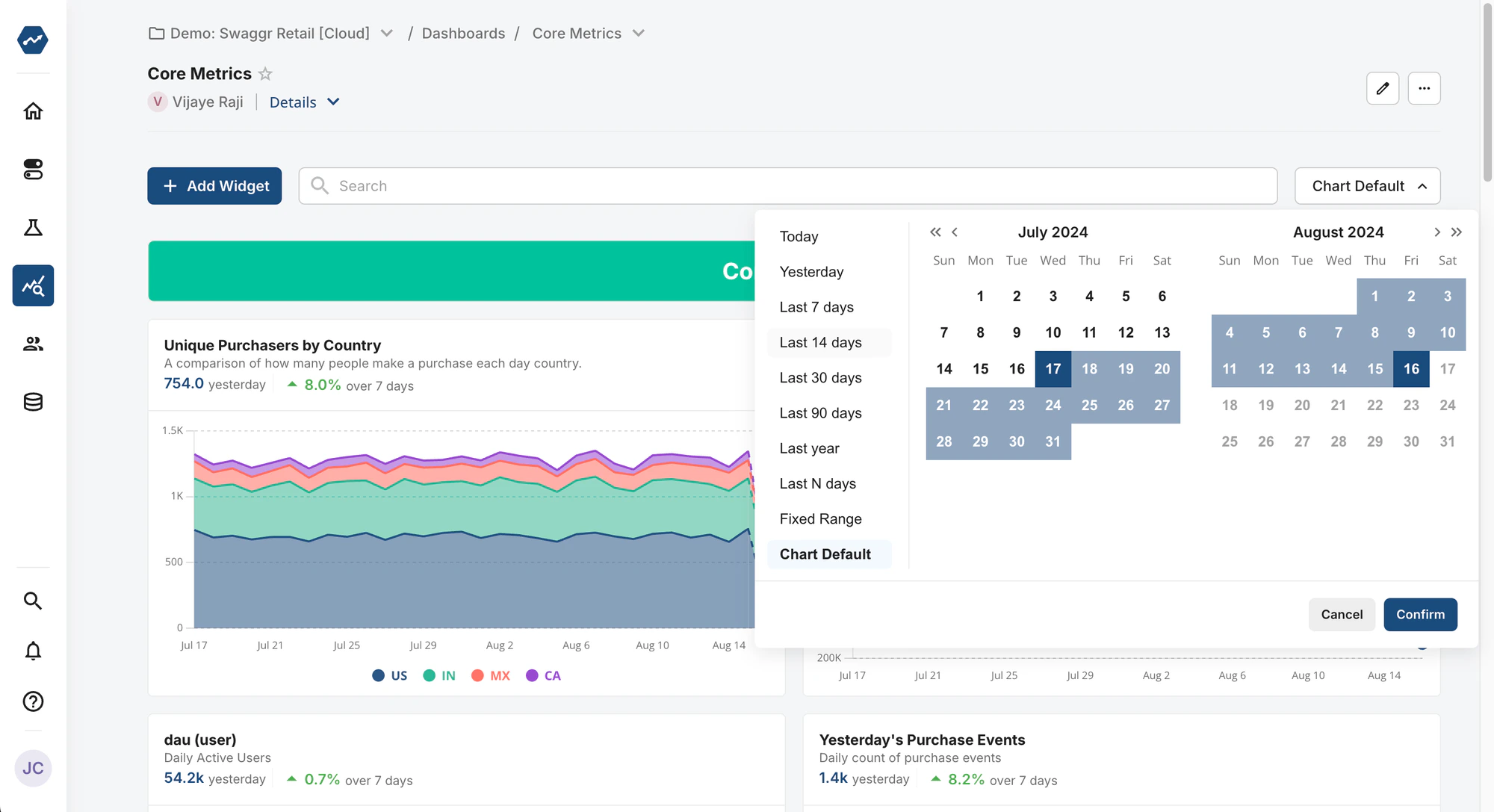 Dashboard date picker interface