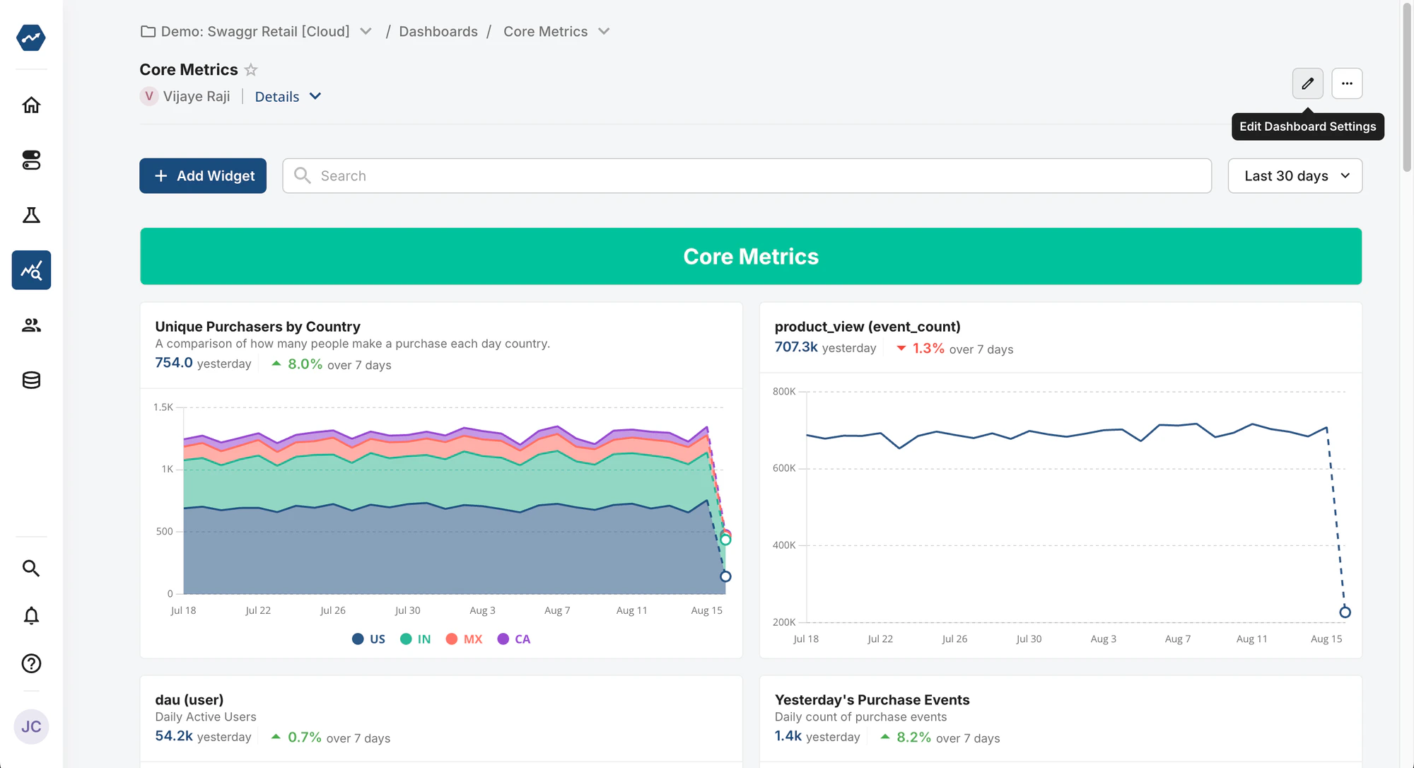 Dashboard settings and date range configuration