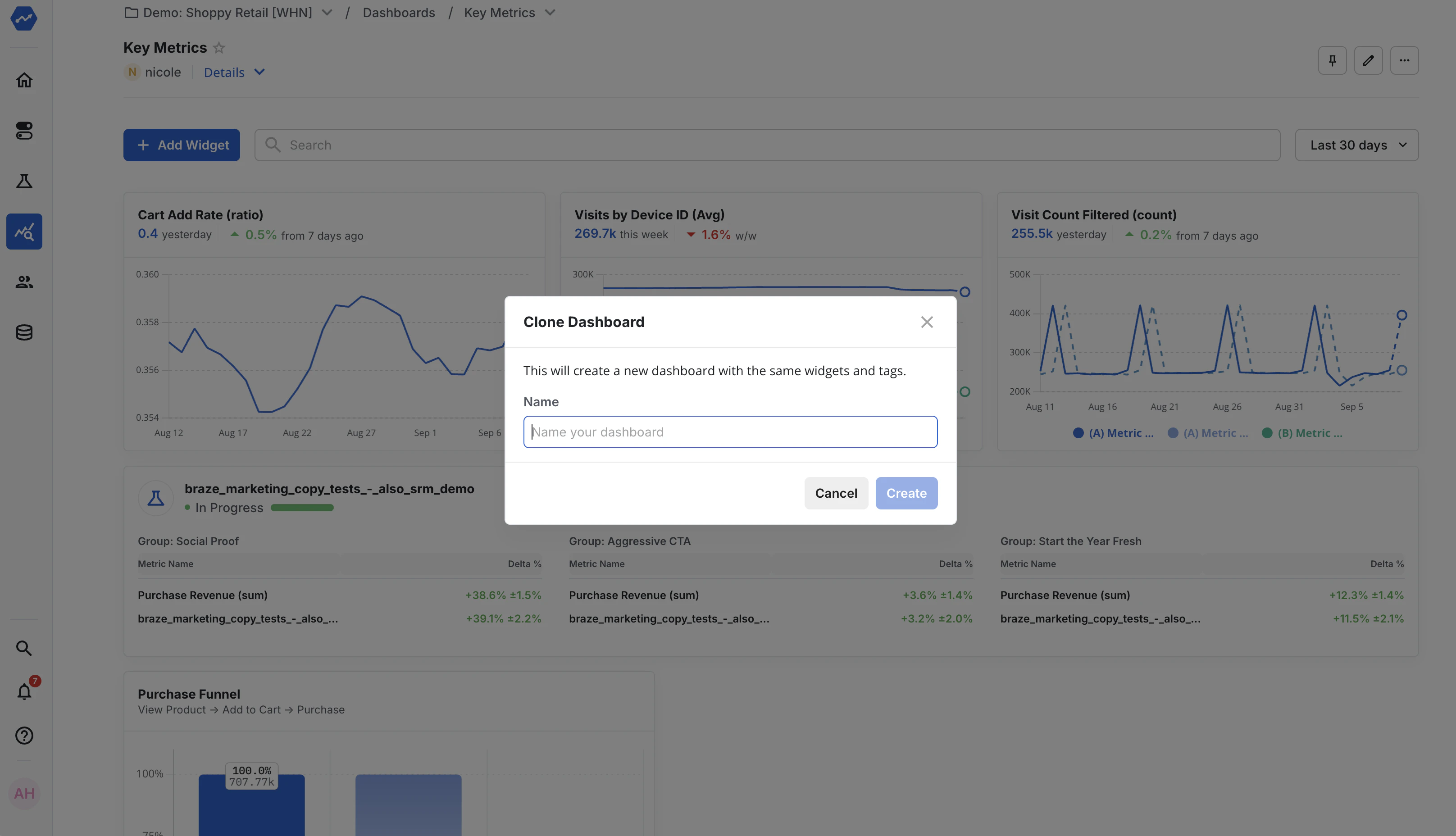 Dashboard clone dialog