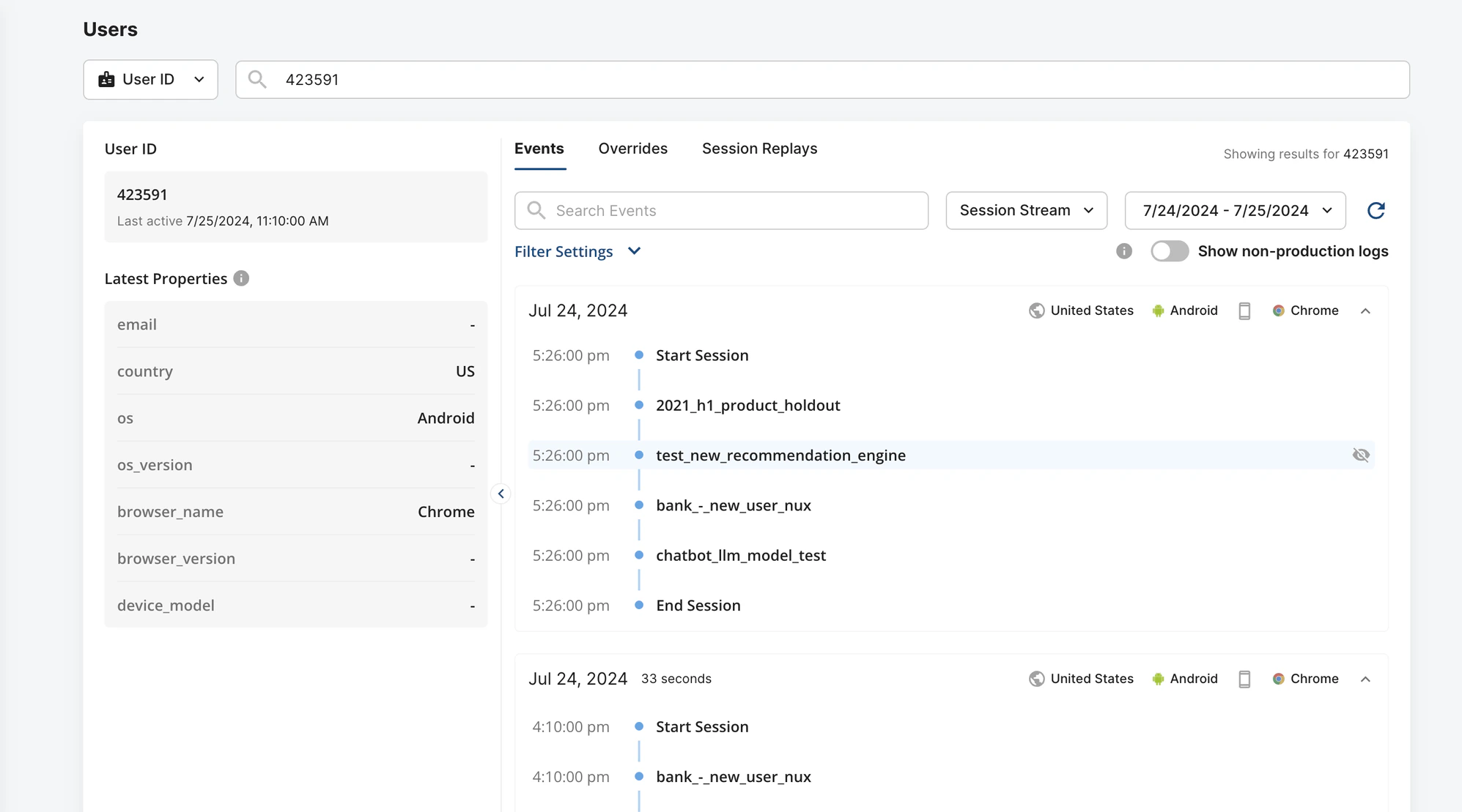 Session stream interface showing user events grouped by session