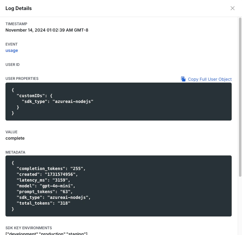 Azure AI completion API usage log example