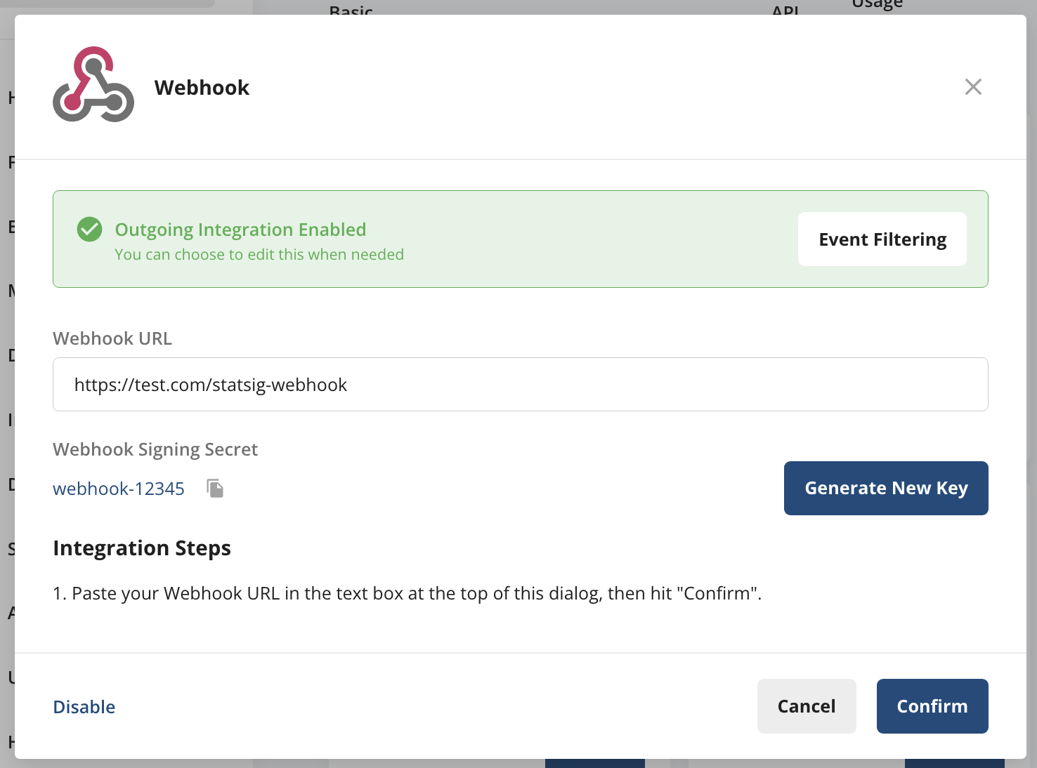 Webhook integration card showing signing secret