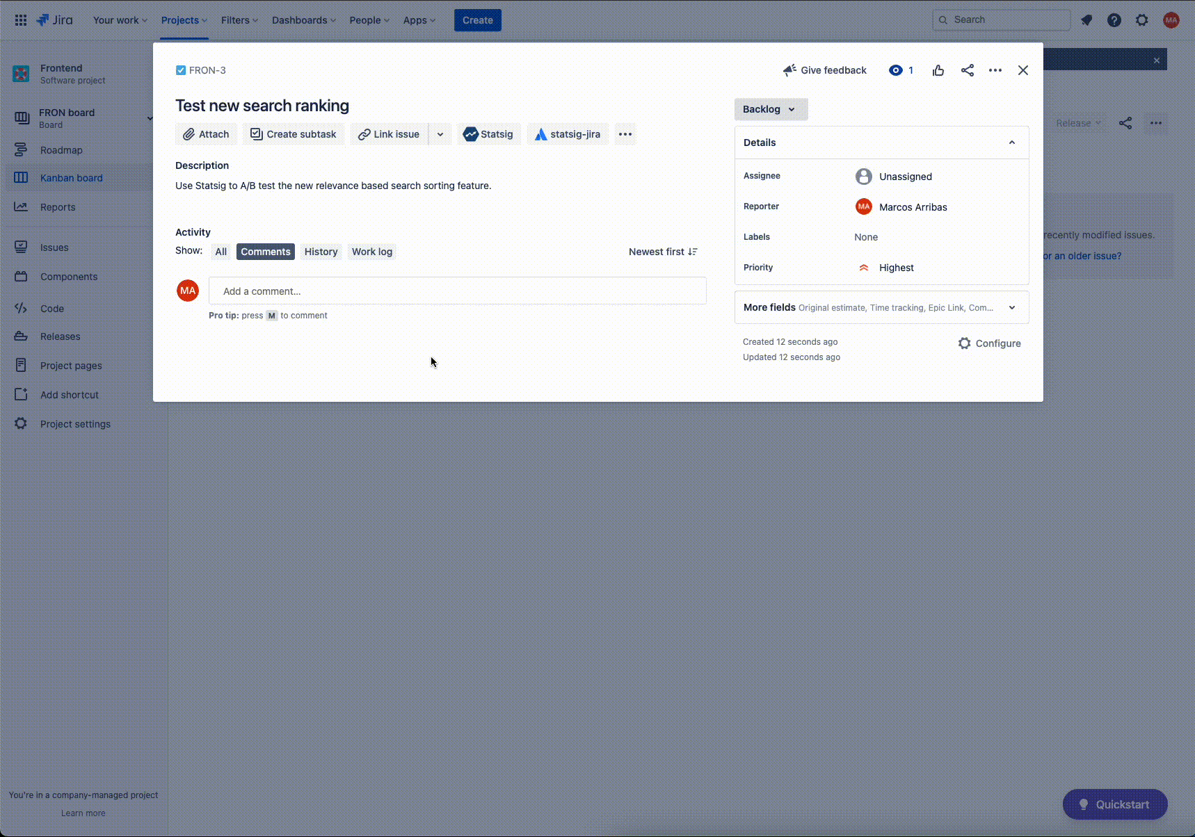 Jira issue view showing Statsig feature gate rollout widget