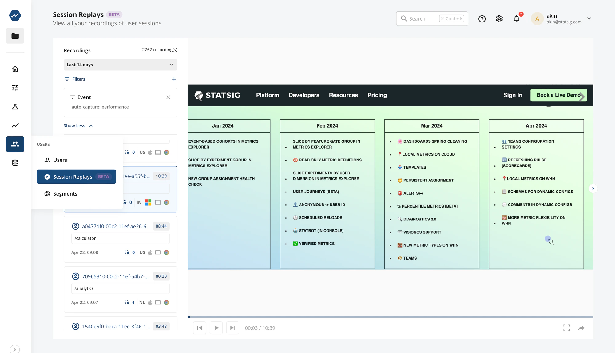 Session replay navigation in Statsig console