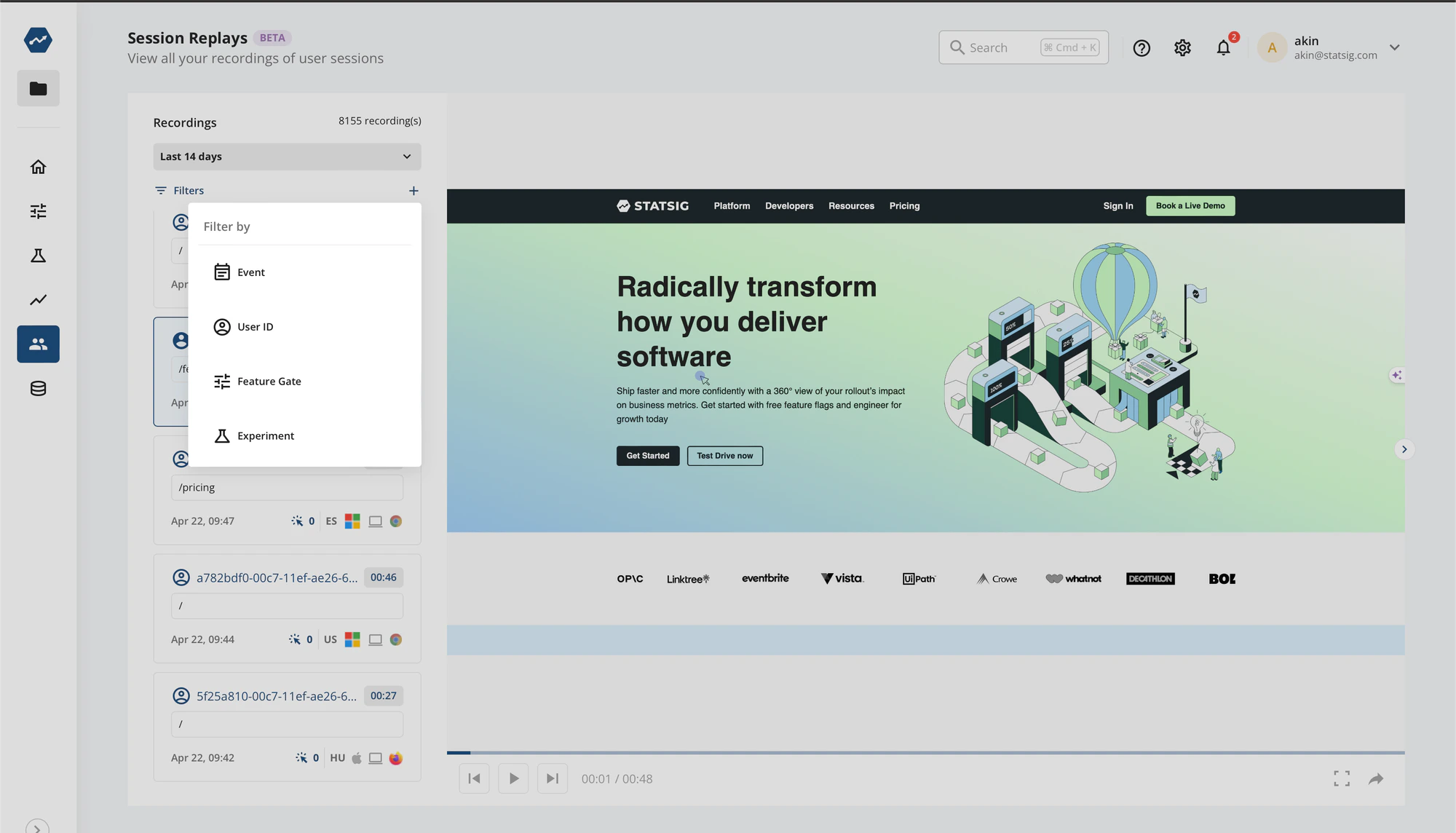 Session replay selection interface with replay cards