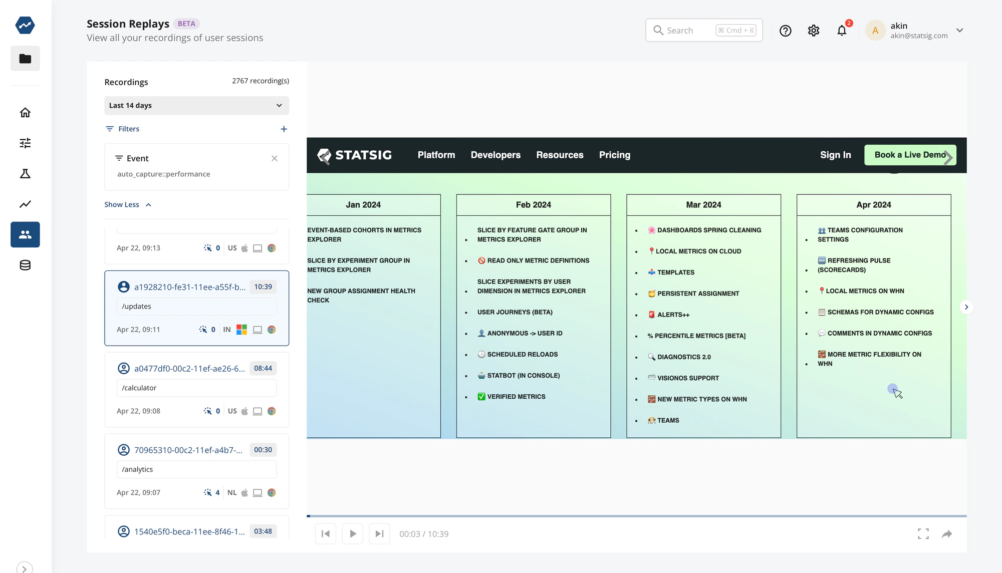 Session replay interface with hidden events panel