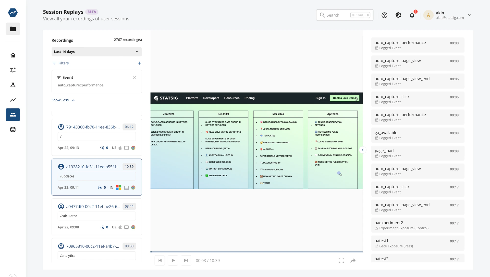 Session replay interface with playback controls and events panel