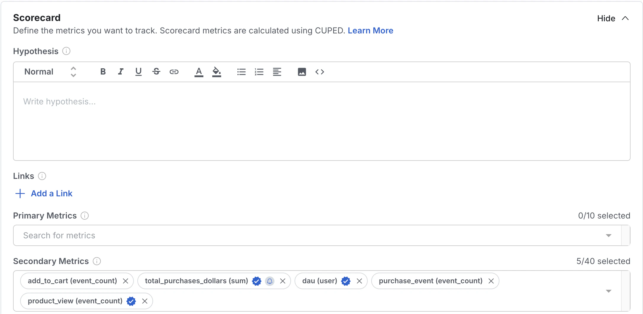 Scorecard configuration modal