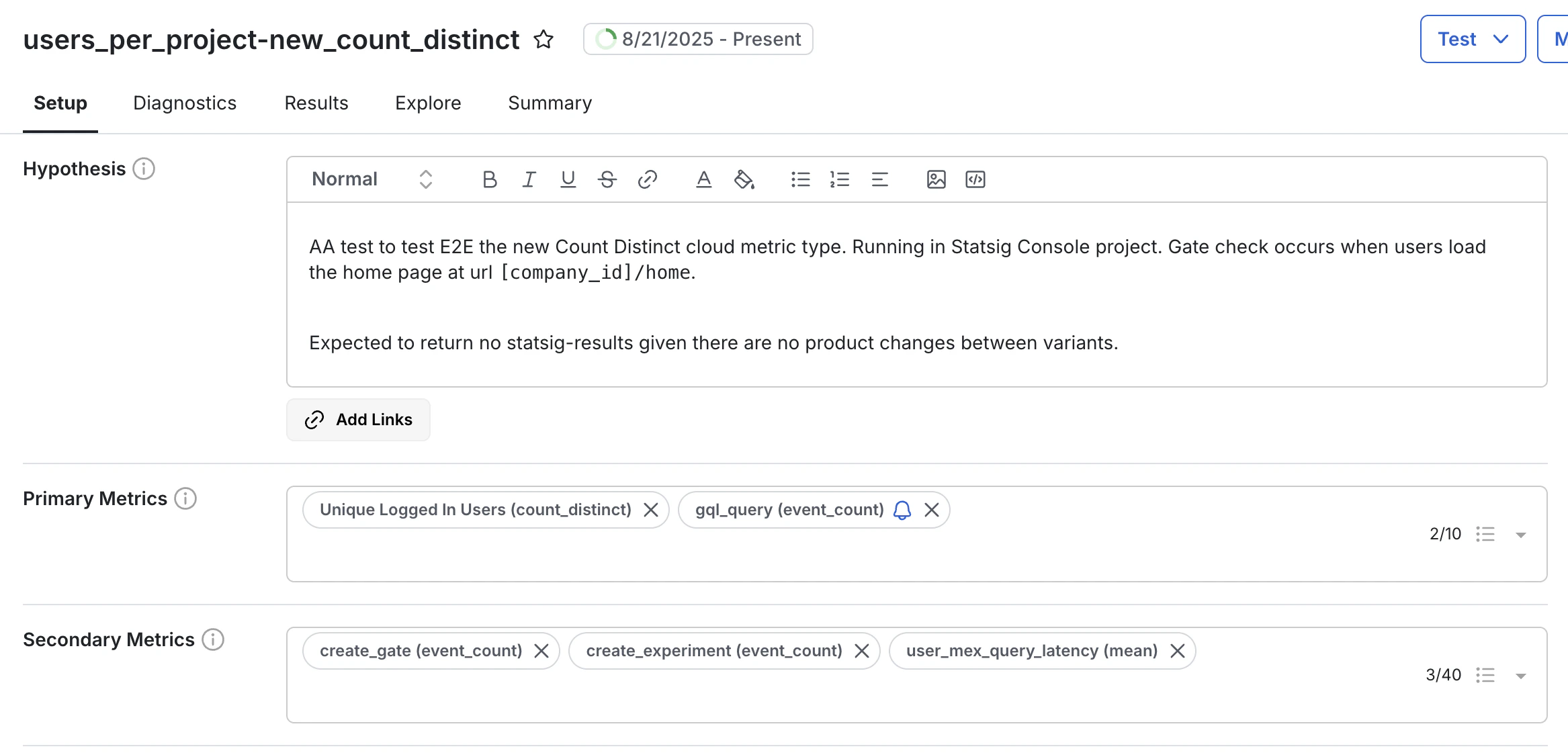 Experiment setup screen highlighting metrics section