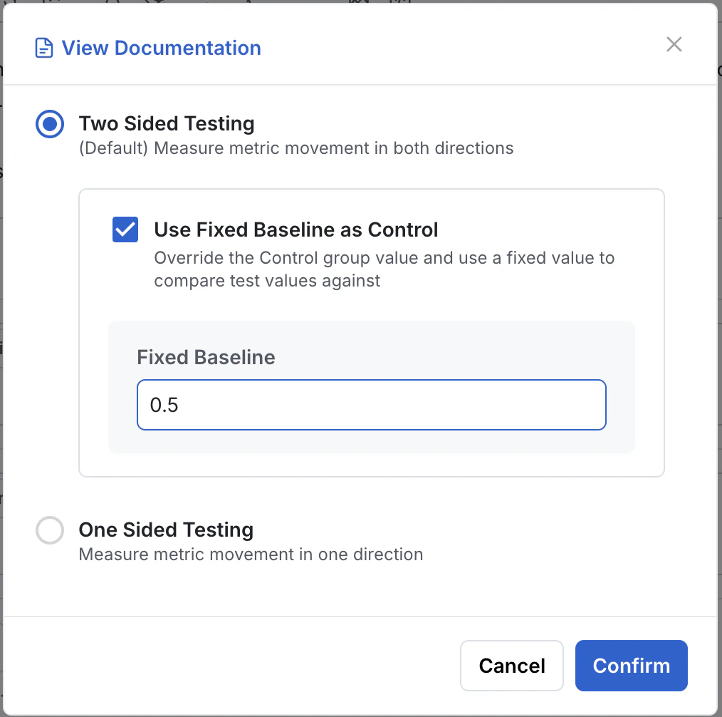 Fixed baseline control modal for one-sample test configuration