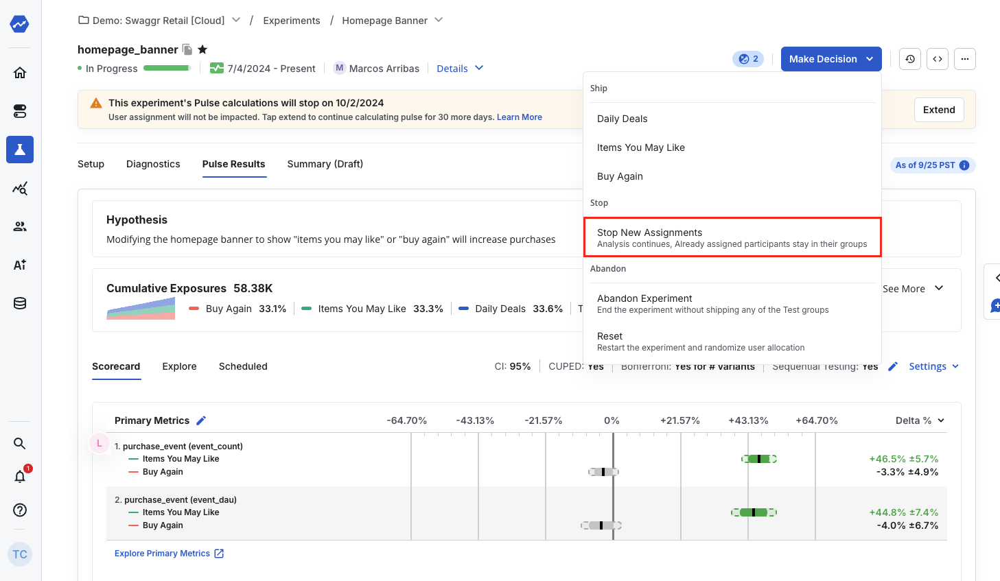 Make Decision dropdown highlighting Stop Assignment option