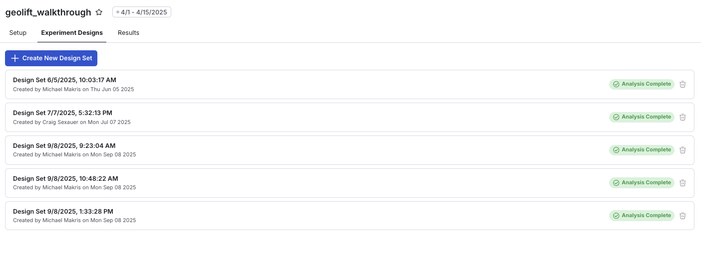 Experiment designer options display