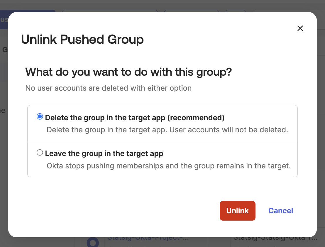 Confirmation dialog asking to delete pushed group from app