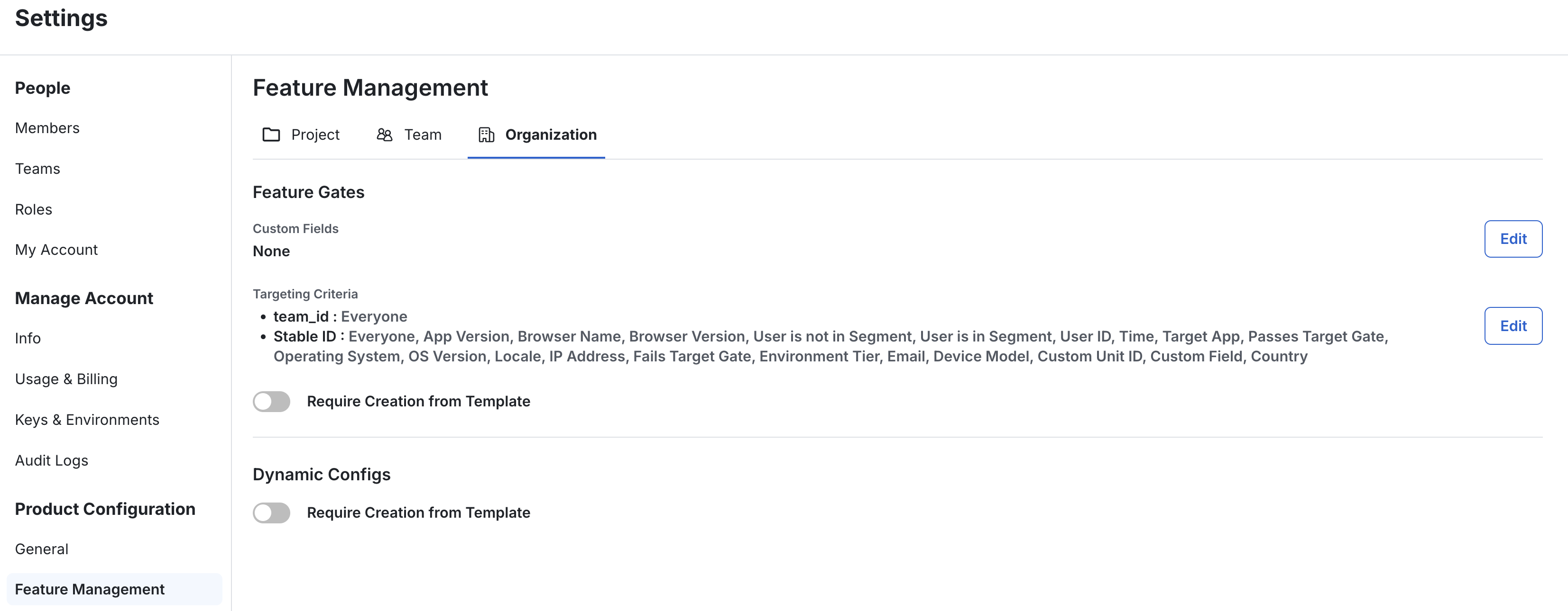 Product Configuration settings highlighting Feature Management organization policies