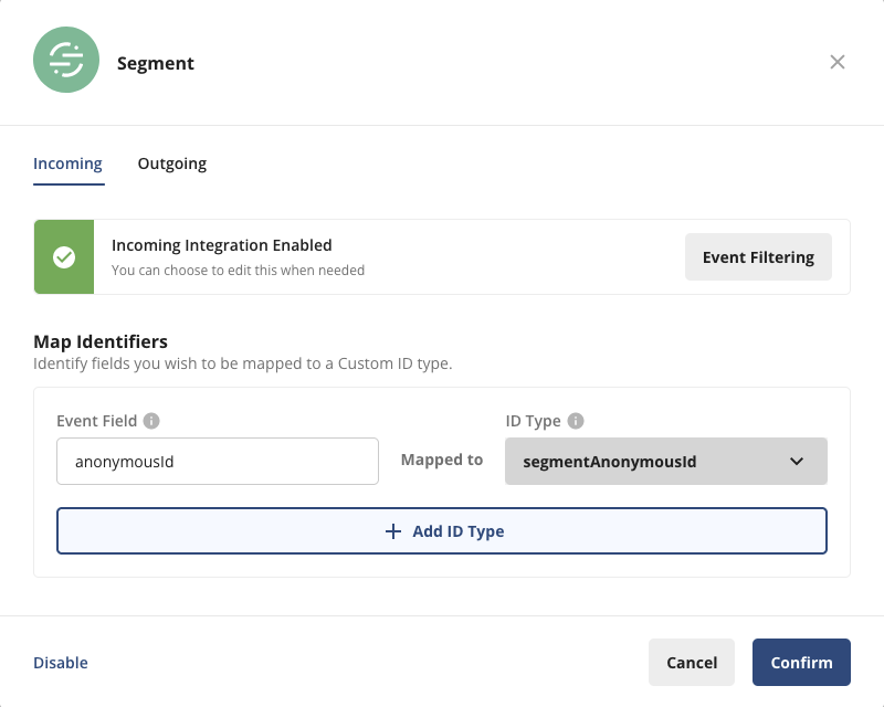 Statsig Segment integration panel with identifier mapping options