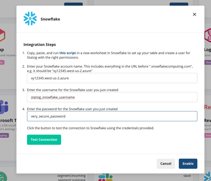 Snowflake integration configuration interface