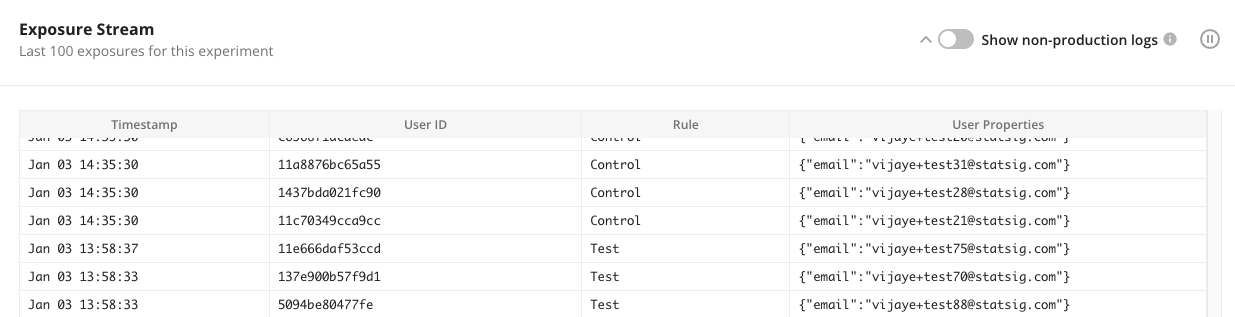 Experiment exposure stream in diagnostics tab