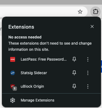 Chrome extensions menu with Statsig Sidecar option