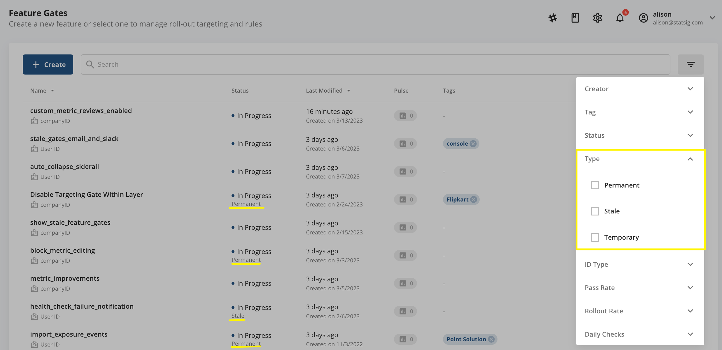 Feature gates catalog with status types filter