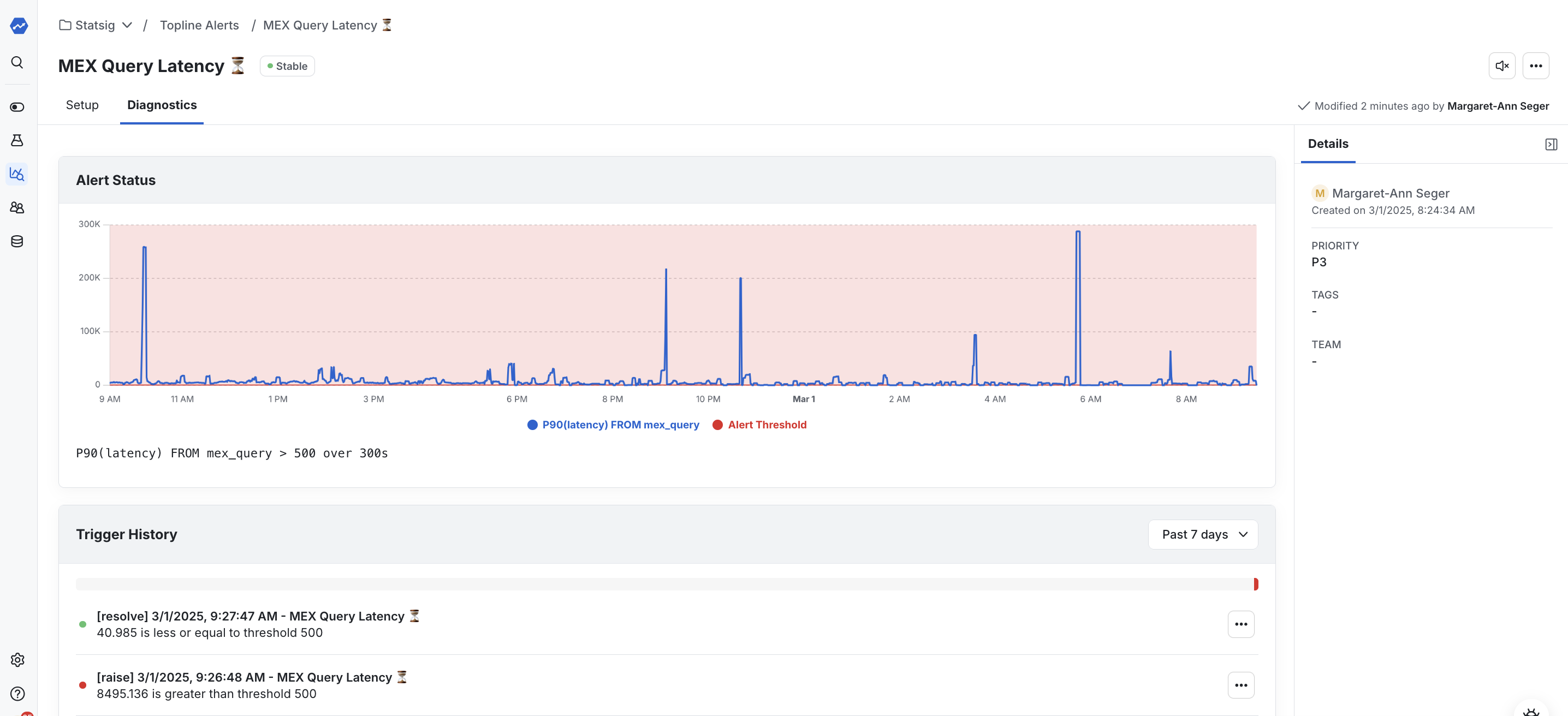 Diagnostics tab showing alert history