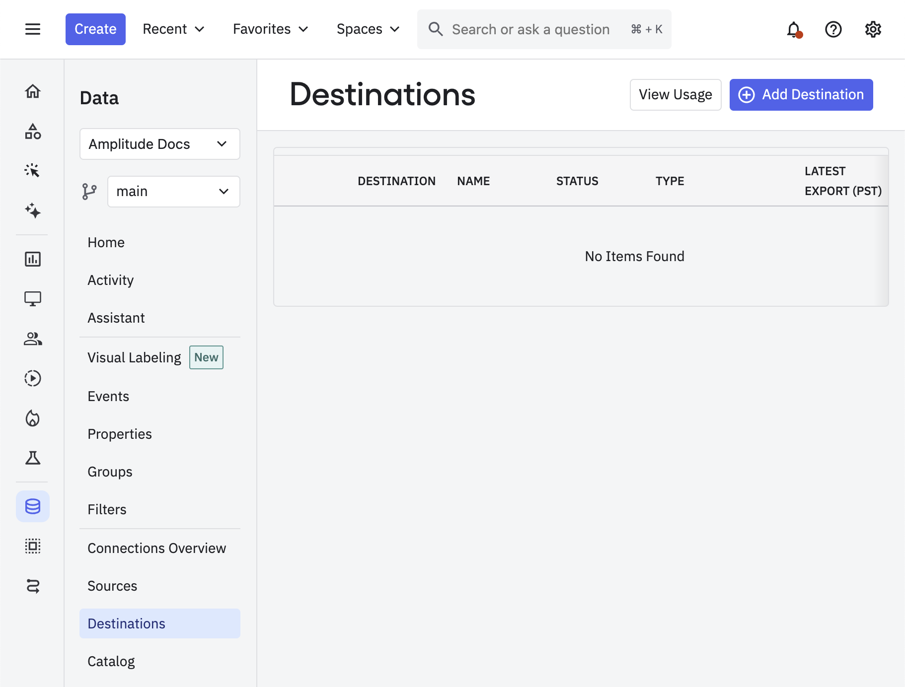 Amplitude Data Destinations page showing Add Destination button