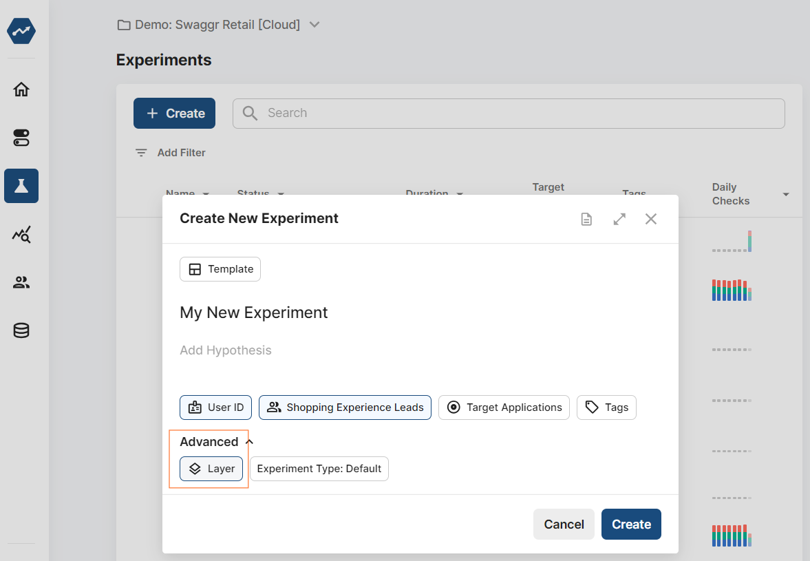 Isolated experiment layer configuration interface