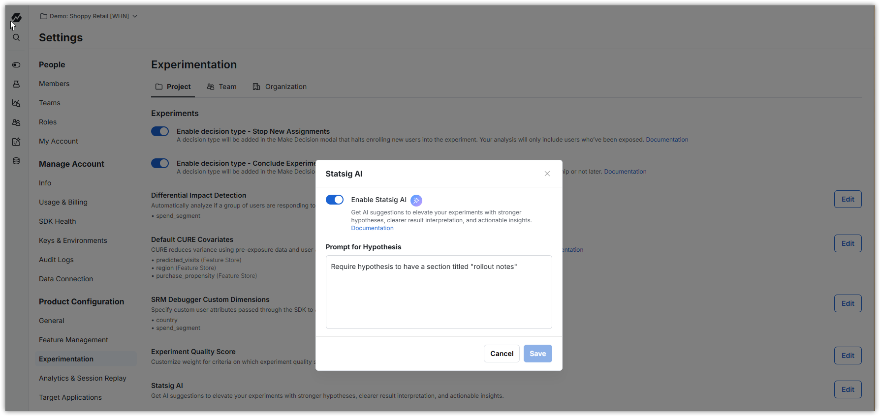 Setting showing how to enable Statsig AI