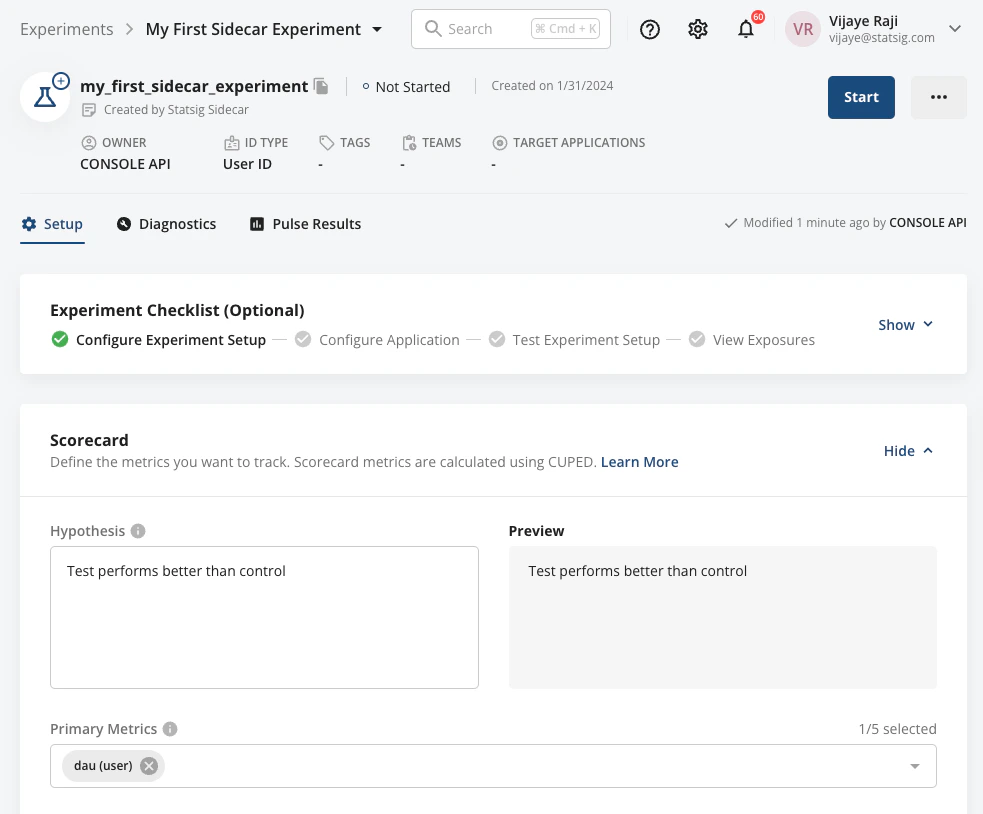 Statsig experiment setup tab with checklist and scorecard fields