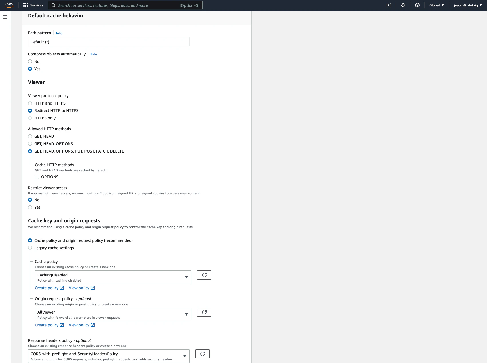 Default cache behavior section
